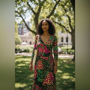 Metrostyle Pink and Green Wrap Dress 3/4 Sleeve V-Neck